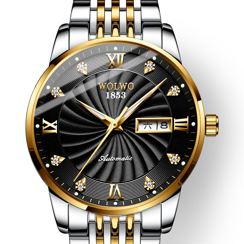 简约白色手表士手表镂空全自动机械表瑞士镶钻双日历钢带男商务
