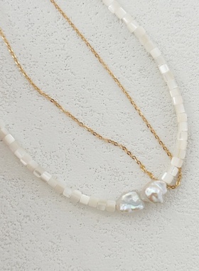 白色砂砾-不规则天然珍珠贝壳双层项链14K注金项链叠戴设计感百搭