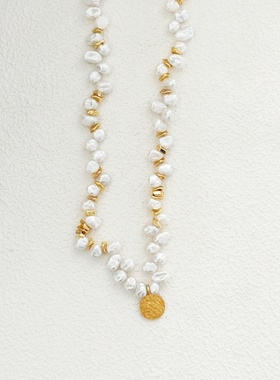 不规则的美-keshi天然珍珠金色小圆牌混金珠项链法式复古浪漫优雅