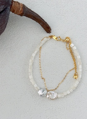 白色砂砾-浮光拾贝原创不规则天然珍珠双层叠戴14K注金手链随性风