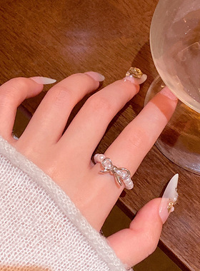 在逃公主同款珍珠蝴蝶结戒指女ins潮森系百搭气质食指戒指环戒子
