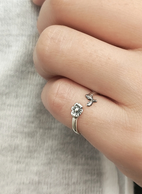 s925纯银开口可调节立体花朵戒指