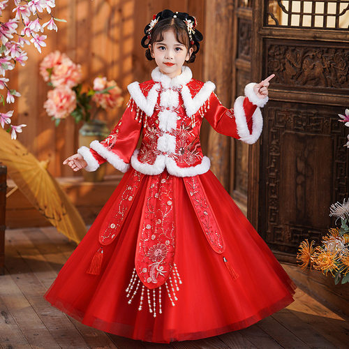 汉服女童冬装2025新款儿童加绒加厚中国风拜年服冬季女孩古风唐装 - 图0