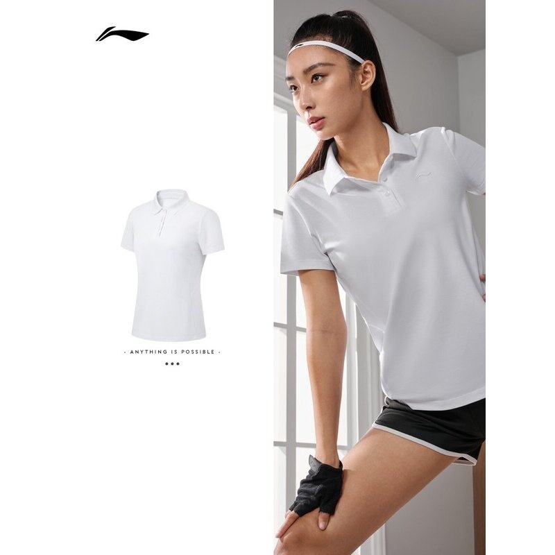 李宁POLO衫女士2023夏季新款透气舒适翻领跑步休闲短袖T恤APLT034 - 图1