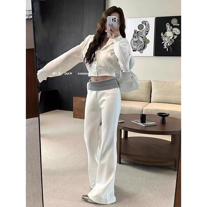 韩系休闲运动两件套女春连帽长袖卫衣外套拼色低腰休闲微喇叭裤子,淘宝优惠券,粉丝福利购,淘宝优惠卷