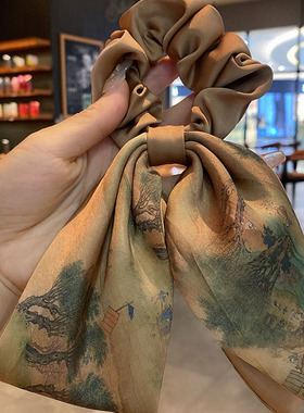 新中式水墨画彩绘蝴蝶结飘带大肠发圈高级感缎面扎头发头饰发绳