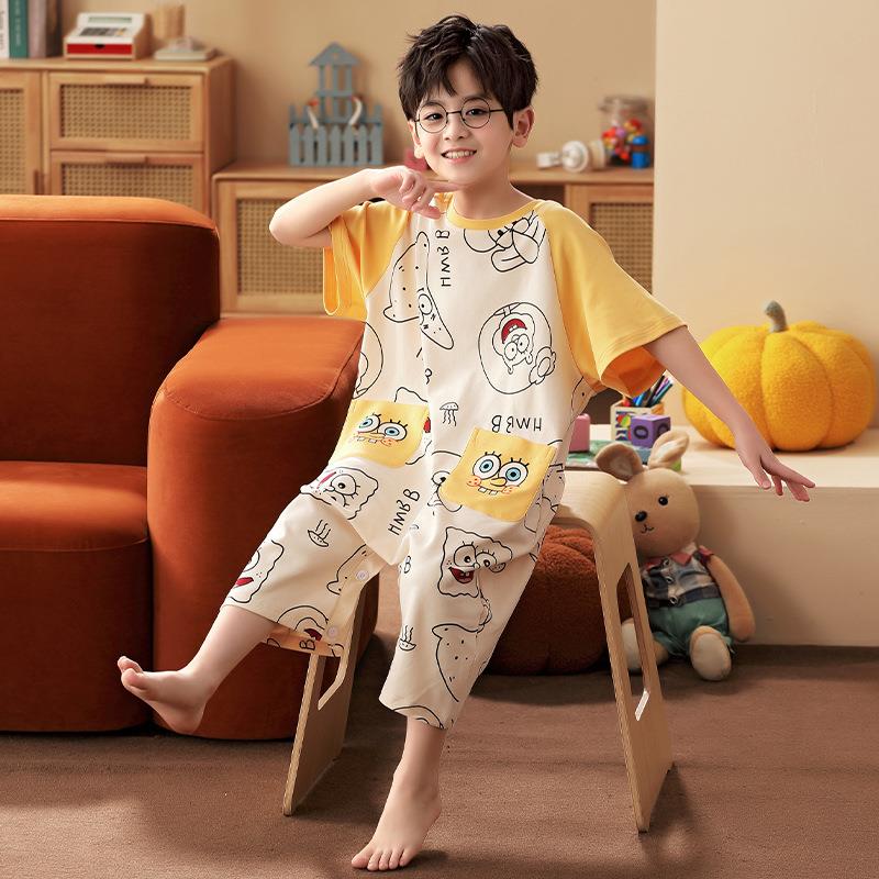 连体纯棉短袖男童防踢被夏季空调服 巴香草睡裙