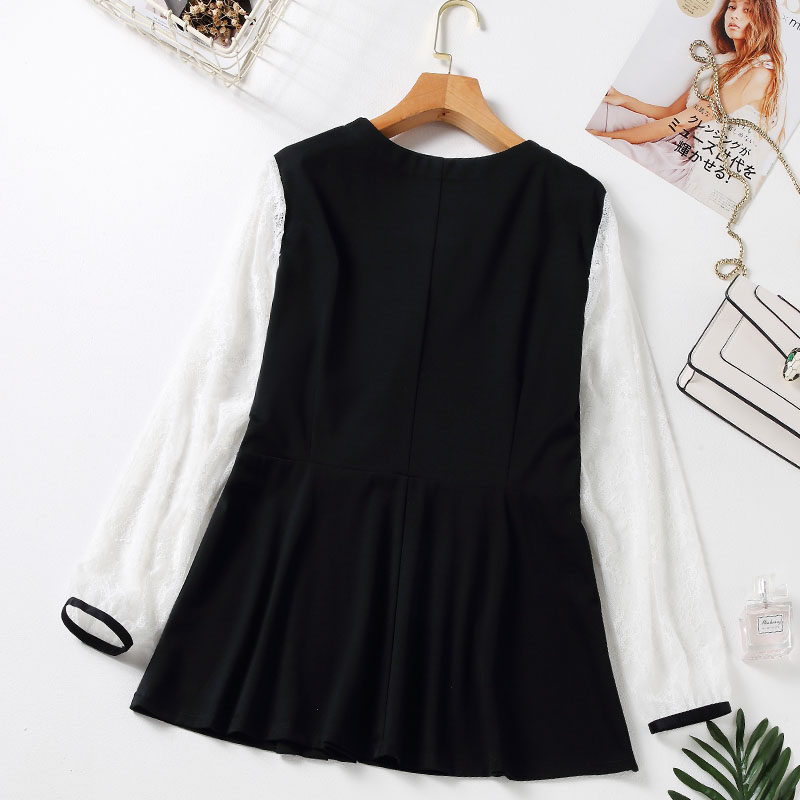 韩版v领拼接撞色2020初秋新款上衣 云妃秀大码女装