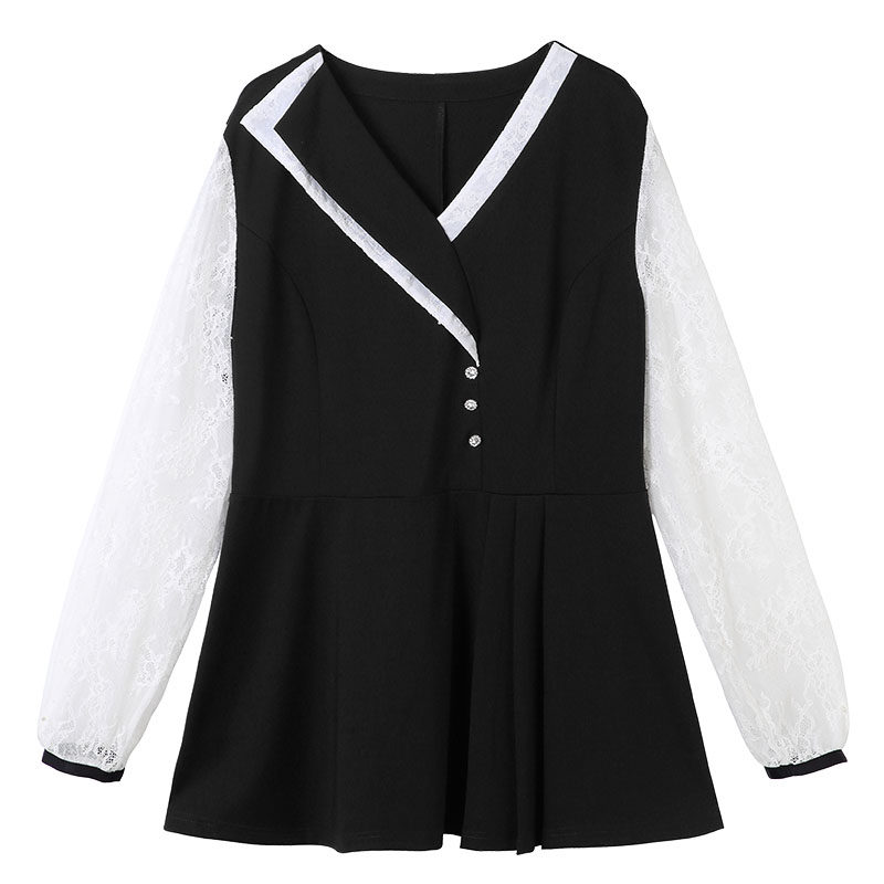 韩版v领拼接撞色2020初秋新款上衣 云妃秀大码女装