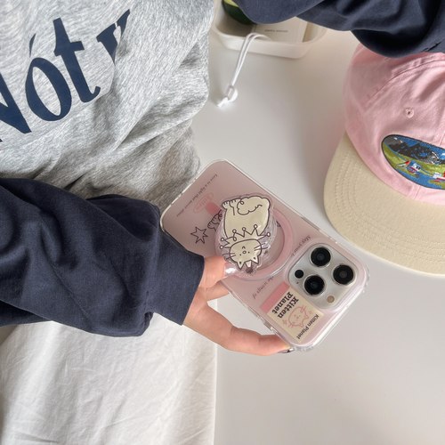 新ins风淡粉桃色星星线条猫咪双层IMD磁吸17手机壳支架卡包适用16苹果15promax可爱清新高级感少女心14磨砂13 - 图3