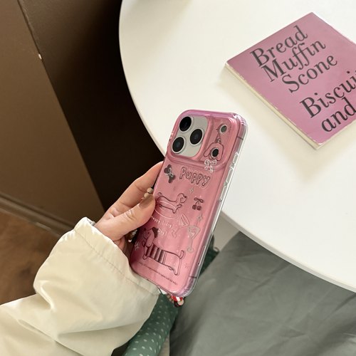 IMD卡通可爱粉底棕色线条腊肠狗手机壳适用iPhone17promax大孔防摔苹果16亮面15趣味创意14手链13清新女生硬 - 图3