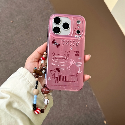 IMD卡通可爱粉底棕色线条腊肠狗手机壳适用iPhone17promax大孔防摔苹果16亮面15趣味创意14手链13清新女生硬 - 图0