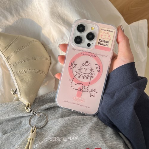 新ins风淡粉桃色星星线条猫咪双层IMD磁吸17手机壳支架卡包适用16苹果15promax可爱清新高级感少女心14磨砂13 - 图1