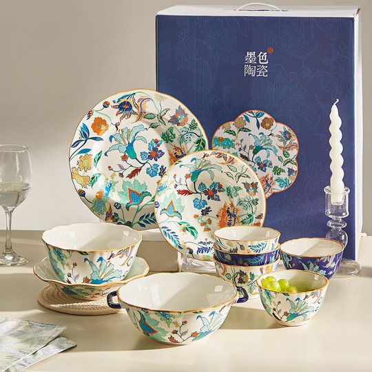 Chinese style ceramic bowls and plates set for household light luxury bowls and plates