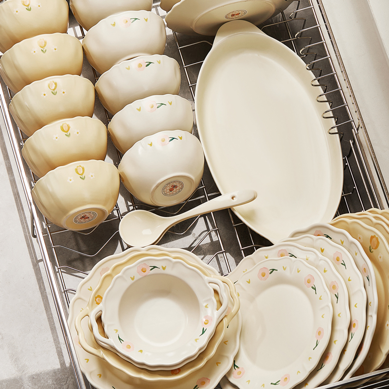 奶油风碗碟套装家用釉下彩陶瓷餐具高颜值碗具乔迁碗盘子碗筷组合-图1