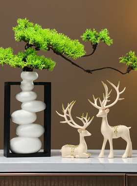 时来运转平衡石头迎客松花瓶新中式摆件客厅家居饰品电视柜高级感