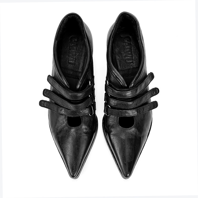 【彩物】女巫鞋2025新款复古风真皮尖头V口坡跟深口单鞋女魔术贴,淘宝优惠券,粉丝福利购,淘宝优惠卷