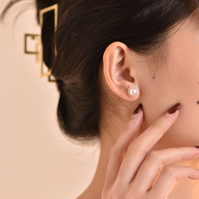 何超琼同款日本akoya天然海水天女珍珠耳钉18K黄金钻石太阳花耳环,淘宝优惠券,粉丝福利购,淘宝优惠卷