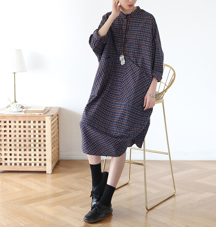 桉慕图2020春季小清新格子连衣裙子 桉慕图原创设计外贸棉麻女装连衣裙