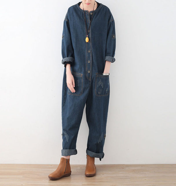 High-waisted long-sleeved blue denim cotton work jumpsuit