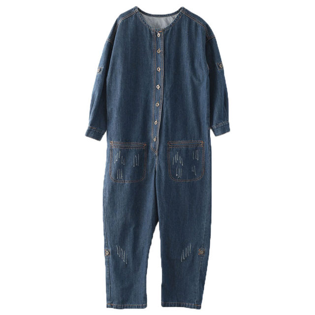 High-waisted long-sleeved blue denim cotton work jumpsuit