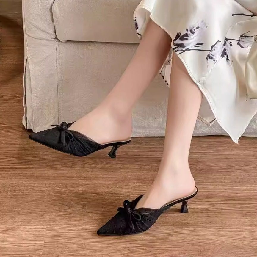 一代佳人26S2162时尚网纱蝴蝶结镂空包头半托气质舒适百搭小猫跟,淘宝优惠券,粉丝福利购,淘宝优惠卷