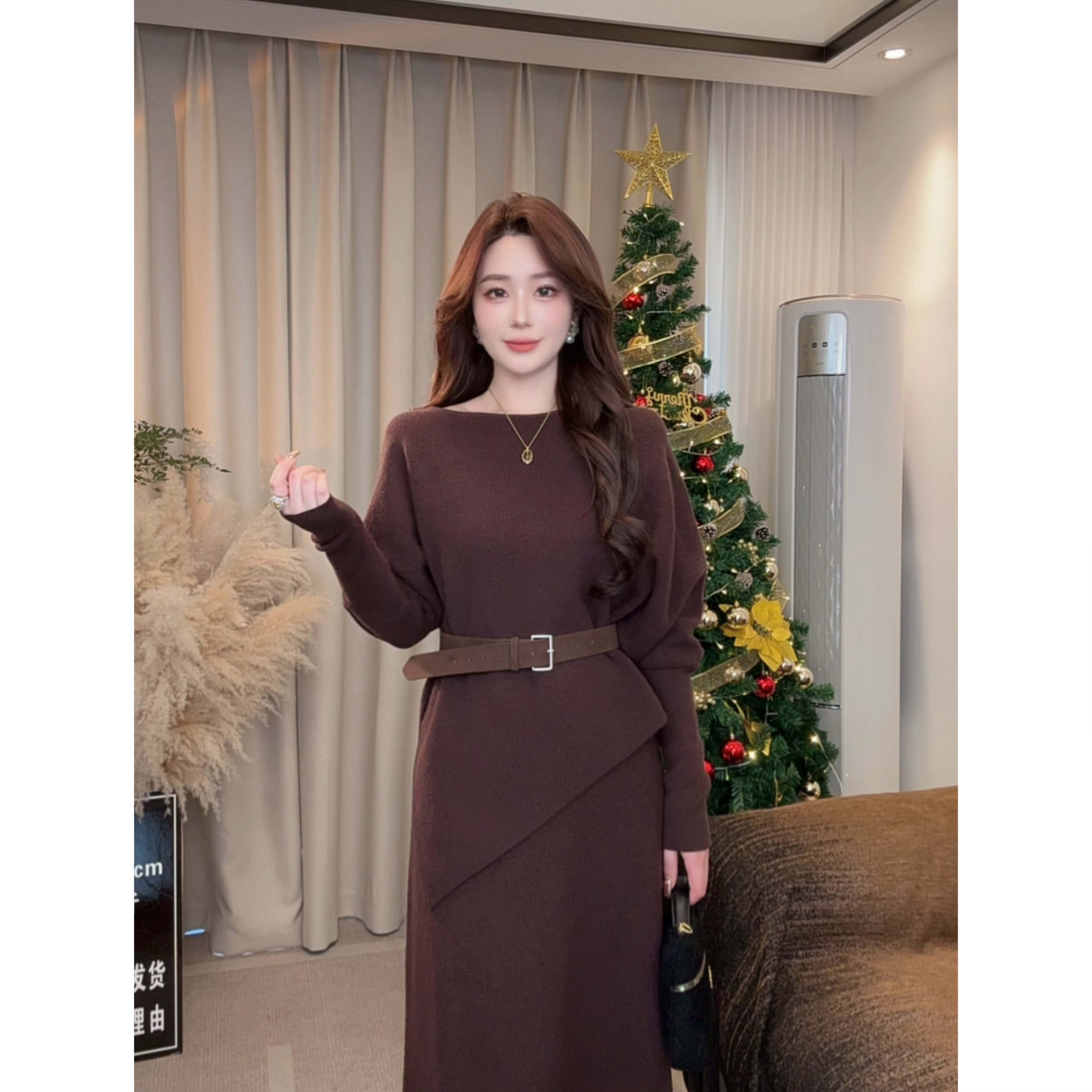 法式复古针织套装裙女冬季不规则针织上衣+纯色气质半身裙 配腰带,淘宝优惠券,粉丝福利购,淘宝优惠卷