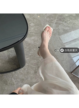 Ocnltiy法式夏季真皮高跟凉鞋细带方头夹趾半拖气质小猫跟凉鞋女