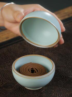 正品青澹汝窑摆件景德镇陶瓷天青色汝瓷复古文房印泥香粉首饰盒圆