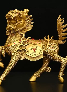 铜麒麟摆件一对黄铜火麒麟招财客厅办公室家用福禄财福麒麟大号