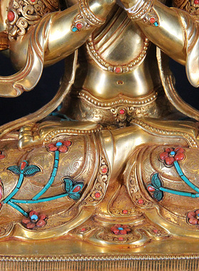 藏式尼泊尔释迦族手工纯铜鎏金宝石四臂观音家用客厅玄关1尺佛像