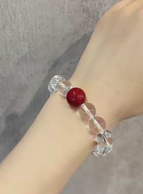 (送证书)白水晶搭配原矿朱砂手串新年手链女友礼物文艺复古手工串