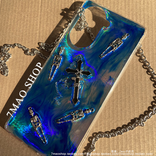 暗黑风蓝色晕染骷髅十字架适用iphone15/14promax12手机壳荣耀300 - 图1