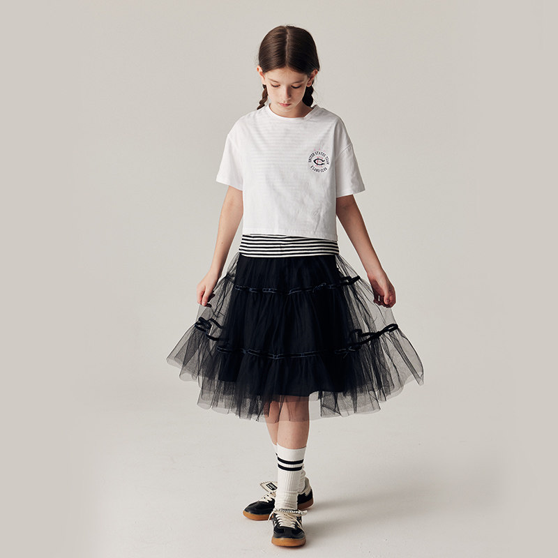 eland kids衣恋童装女童T恤夏季休闲印花条纹上衣刺绣假两件短袖,淘宝优惠券,粉丝福利购,淘宝优惠卷