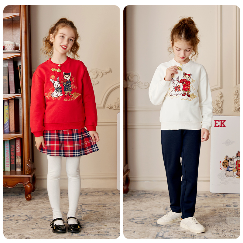 【加绒】eland kids衣恋童装女童卫衣秋冬季中式盘扣刺绣卡通上衣 - 图2