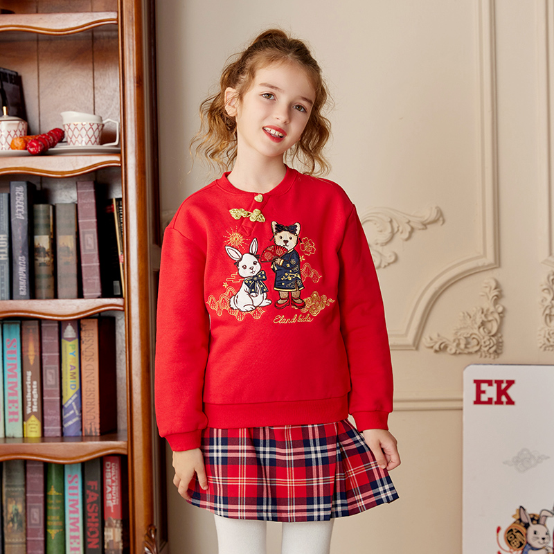 【加绒】eland kids衣恋童装女童卫衣秋冬季中式盘扣刺绣卡通上衣 - 图1
