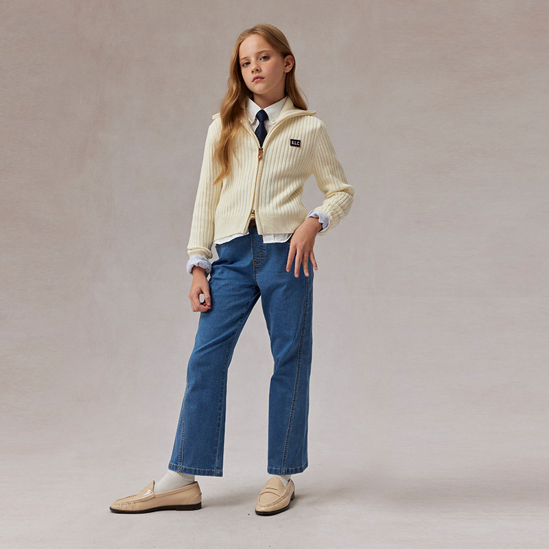 eland kids衣恋童装女童牛仔裤2025年春秋学院风刺绣裤子直筒裤,淘宝优惠券,粉丝福利购,淘宝优惠卷