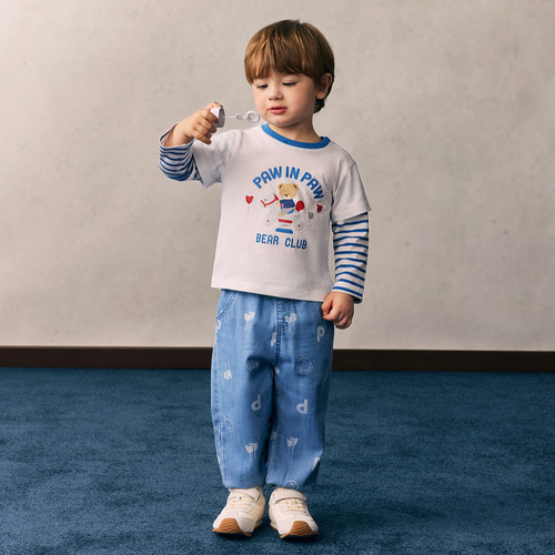 PawinPaw卡通小熊童装26年春夏季新款男宝宝圆领假两件T恤宽松 - 图1