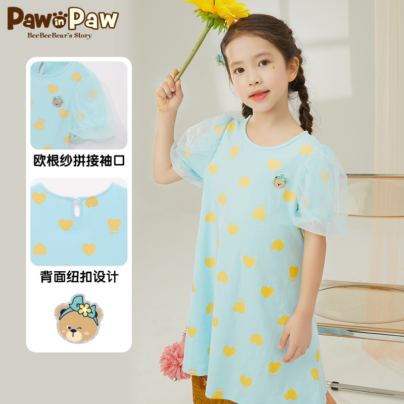 PawinPaw卡通小熊童装夏款女童连衣裙欧根纱蕾丝袖可爱洋气 - 图0