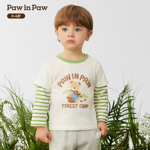 PawinPaw卡通小熊童装26年春夏季新款男宝宝圆领假两件T恤宽松 - 图0