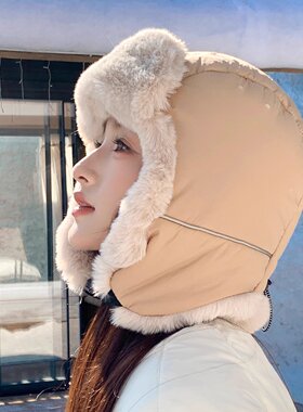 雷锋帽女冬季加厚保暖护耳帽东北电动车防风雪骑车帽棉帽子反光条