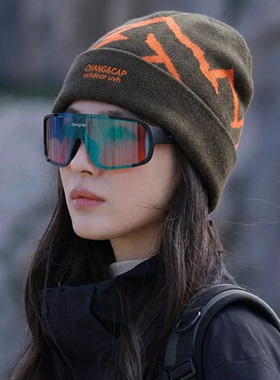 美式字母帽子女户外登山针织帽秋冬季新款保暖毛线帽大头围包头帽