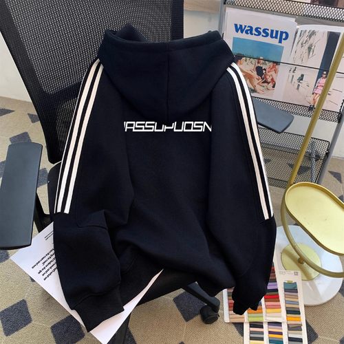 Wassup美式三条杠拉链连帽卫衣开衫外套男青少年2025新款秋冬夹克 - 图0