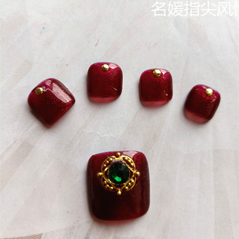 新娘腳趾假指甲貼片手工美甲成品甲片紅色鑲鑽鉚釘簡約款顯白包郵