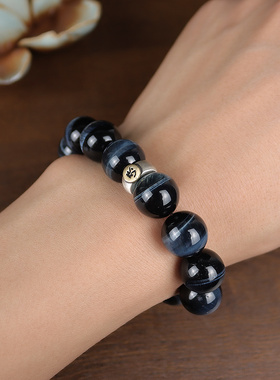 蓝虎眼石纯银貔貅手链男士