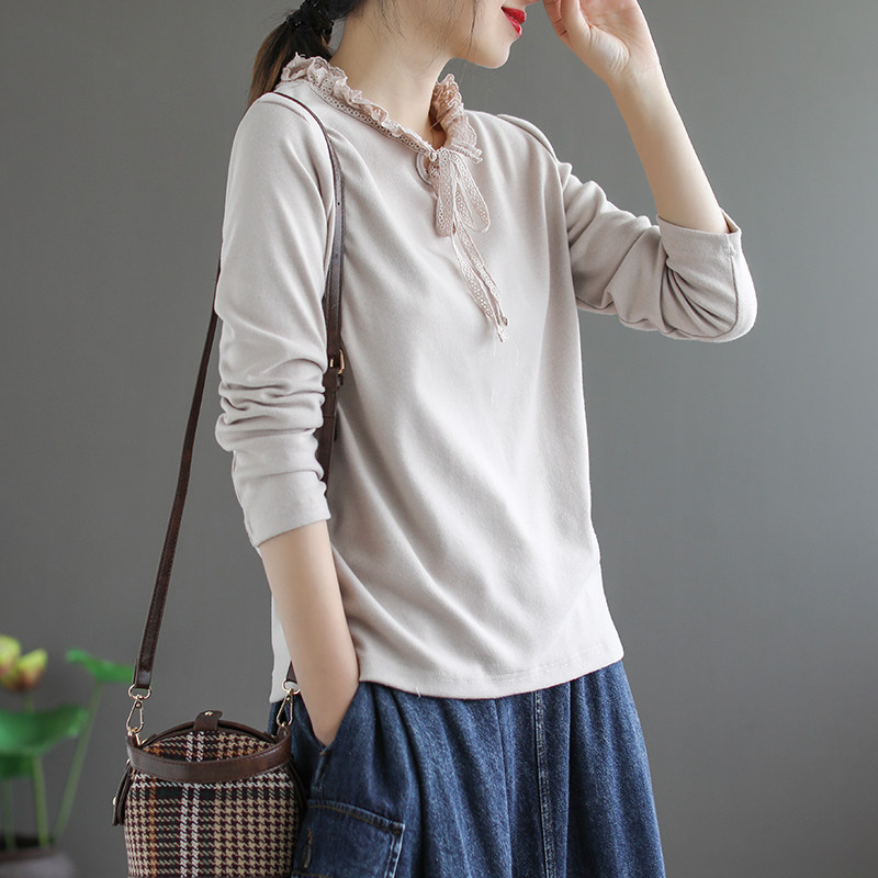 代勒原创文艺花朵领蕾丝拼接打底衫 代勒 格调 棉麻文艺小院T恤