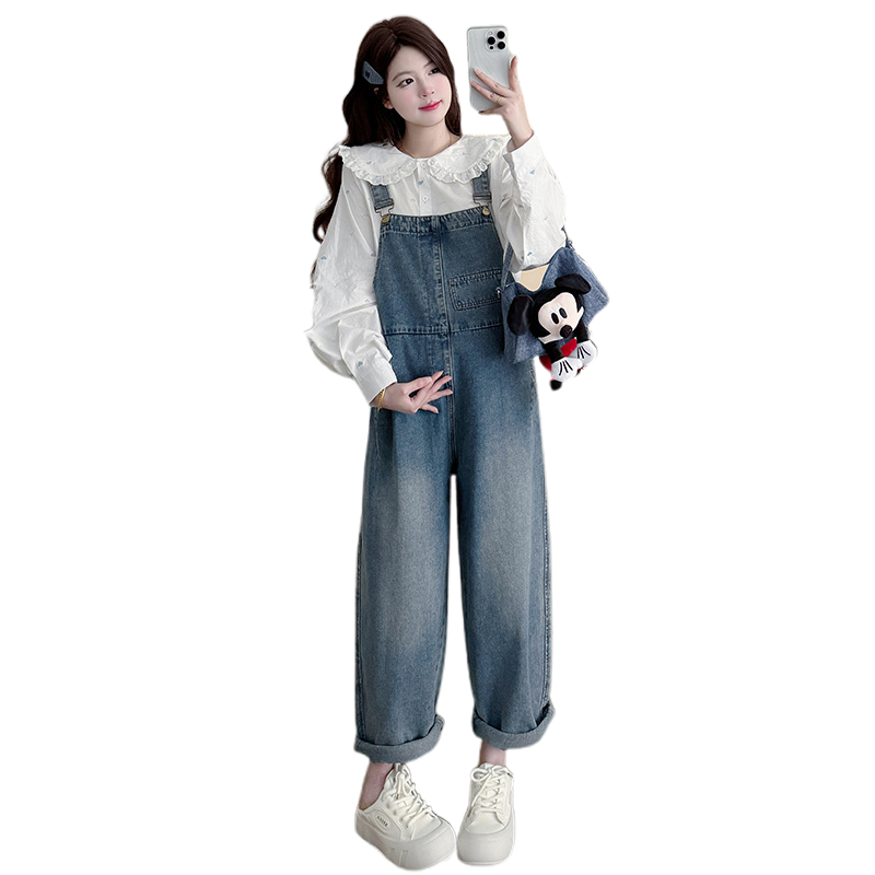 孕妇装套装2026新款春季孕期穿搭娃娃领衬衣牛仔工装背带裤两件套,淘宝优惠券,粉丝福利购,淘宝优惠卷