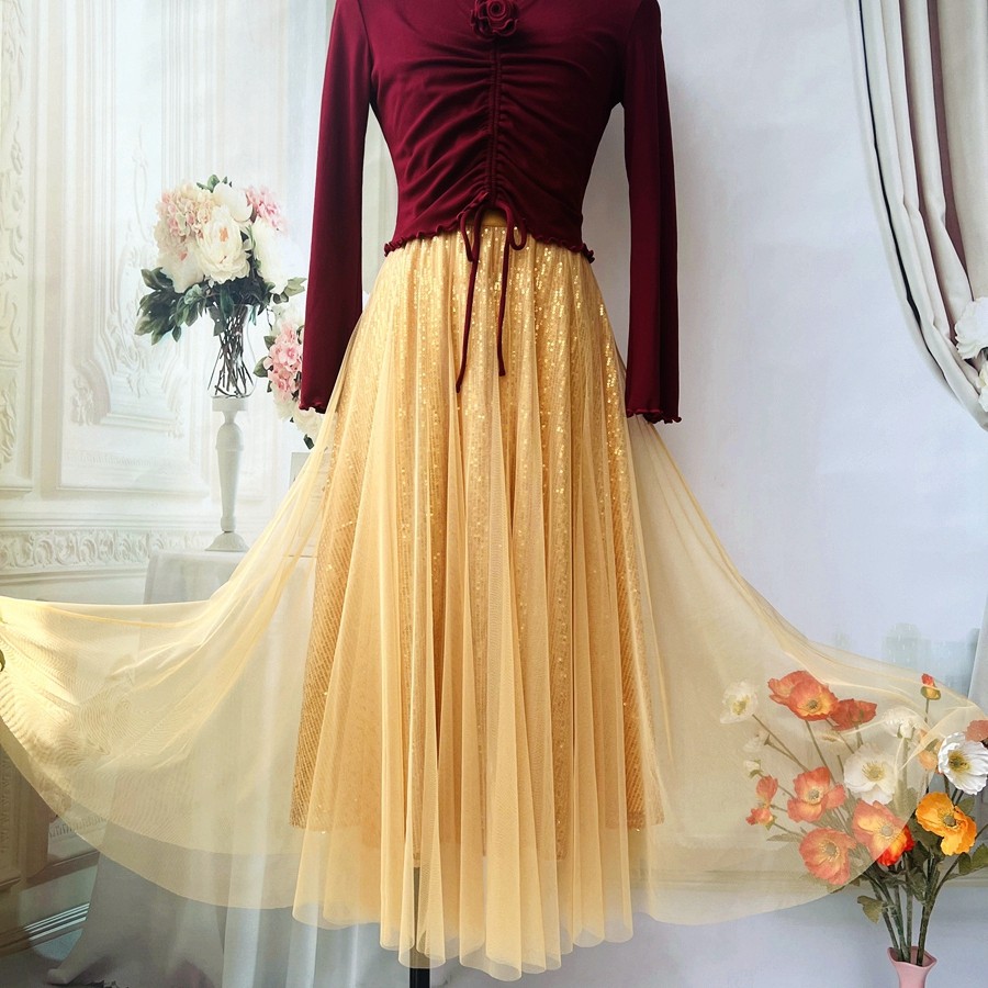 金色亮片半身裙女长款2024秋季新款松紧腰显瘦A字轻奢气质大摆裙,淘宝优惠券,粉丝福利购,淘宝优惠卷