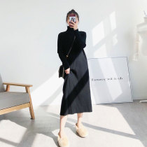 Autumn Winter Long Style Sweater Skirt Woman Over Knee Half High Collar Bottom Inner Hitch Black Knit Dress Loose Mid-Length Skirt