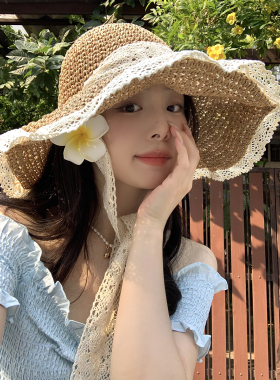 韩版海边夏季大檐蕾丝花边草帽